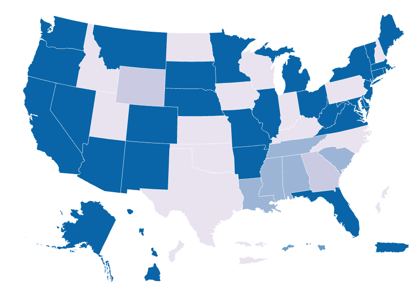 Georgia and Wyoming are gray; 
South Carolina, Louisiana, Alabama, Mississippi, and Tennessee are light blue; Texas, Oklahoma, Kansas, Utah, Idaho, 
North Dakota, Iowa, Wisconsin, Indiana, Kentucky, Pennsylvania, North Carolina, and New Hampshire are red-gray,
and the rest of the states are blue.