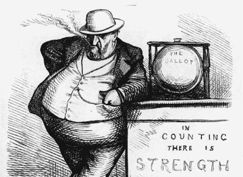 Tweed looks sleazy,
with five-o-clock-shadow and his hat covering his eyes, and he stands next to a ballot box, with the
caption 'In counting there is strength.'