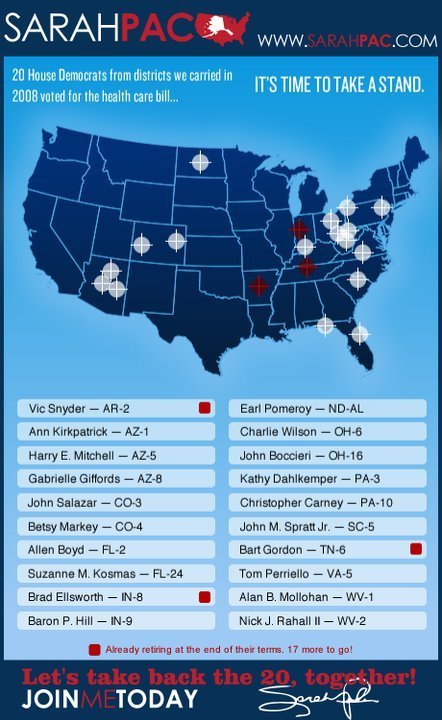 A map of the U.S. with about 20 crosshairs
symbols imposed upon it, and a list of members of Congress below who clearly correspond with the symbols