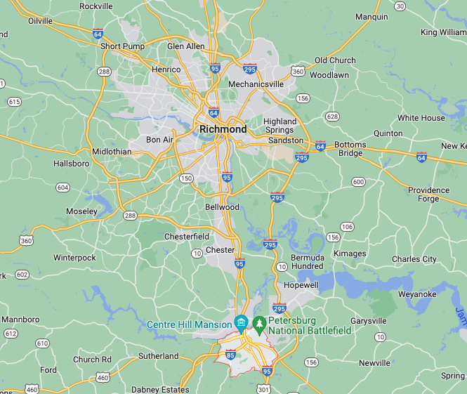 The spots are flipped, with the access
city in the south and the target city in the north, whereas in Ukraine the target city is south and the access city is north.
Beyond that, however, there is a direct major roadway connecting Petersburg and Richmond, and there's no convenient alternative