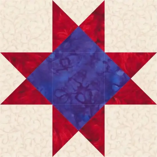 It is a grid of nine squares.
The four corner squares are white, the center square is blue. The remaining four squares are made up of four triangles:
a blue triangle that borders the blue square in the center, a white triangle that borders the outside edge, and red squares that
occupy the two remaining quadrants. The net effect is that it looks kind of like a throwing star.