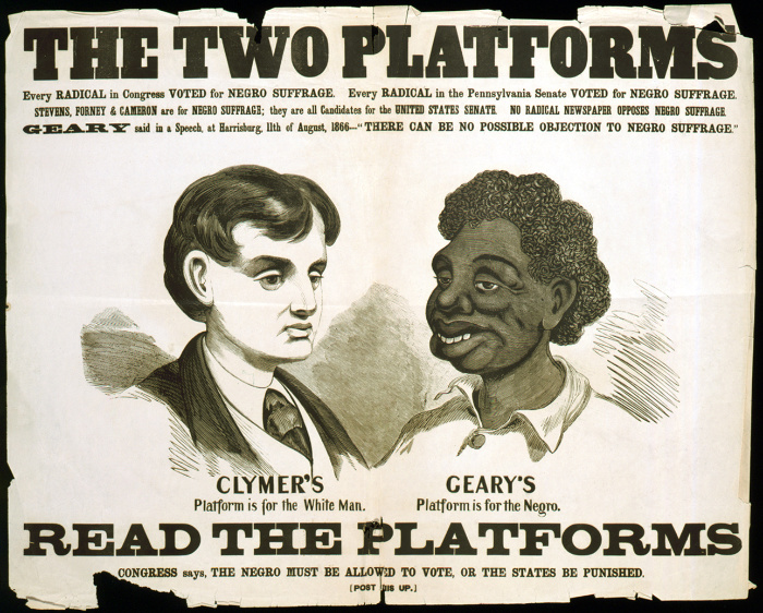 A very white looking white guy has the words 'Clymer's platform 
is for the white man' written beneath him, while a very stereotypical looking Black guy with giant lips has the words 'Geary's platform is for the Negro'
written beneath him.