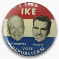 A pin says 'I Like Ike' and has pictures of Eisenhower and Nixon