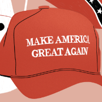A hat that says 'Make America Great Again.' Visible in the background are part of a KKK hood and part of a Confederate flag.