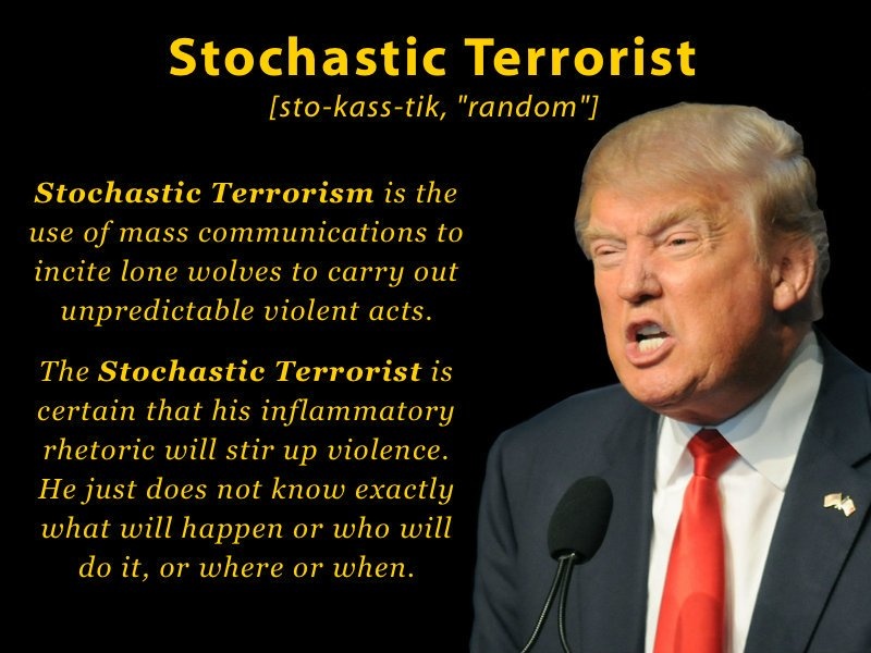 It has a picture 
of Donald Trump and a definition of the term 'stochastic terrorist': Stochastic Terrorism is the use of mass
communications to incite lone wolves to carry out unpredictable violent acts. The Stochastic Terrorist is certain that
his inflammatory rhetoric will stir up violence. He just does not know exactly what will happen or who will do it, or
where or when.