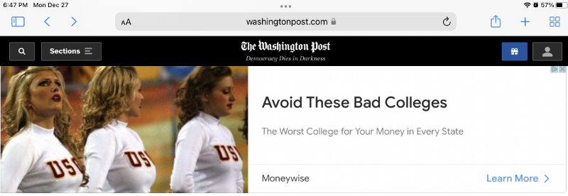 An ad for a series on 
the worst values in college education, state by state, with a picture of some USC cheerleaders