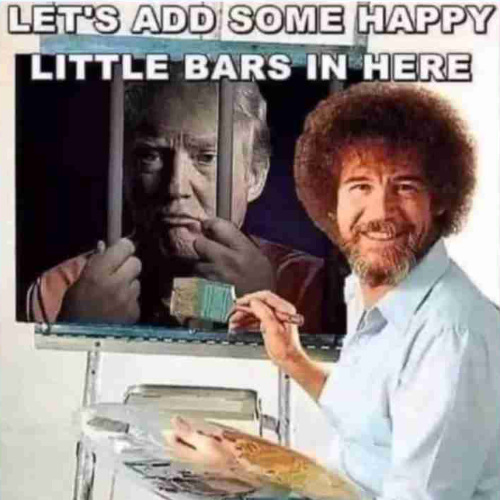 Bob Ross painting 'happy little bars' over
a picture of Trump