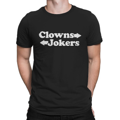 An arrow to the left, then the word 'clowns,' an arrow to the right, then the word 'jokers'