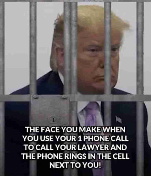 Trump behind bars, scowling, with the
caption 'The face you make when you use your one phone call to call your lawyer, and the cell phone in the cell next to you rings.'