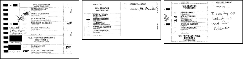 Some ballots from the 2008 Senate race between Norm Coleman and Al Franken