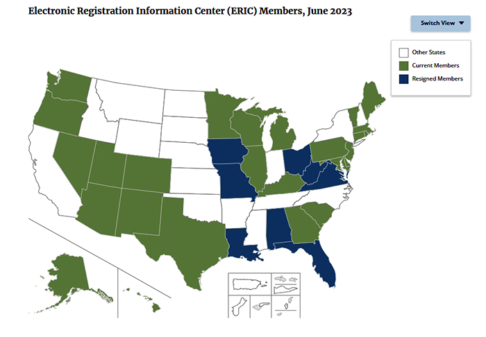 Members of the Election Registration Information Center;
the states that have departed recently are Iowa, Missouri, Louisiana, Alabama, Florida, Ohio, West Virginia and Virginia.
