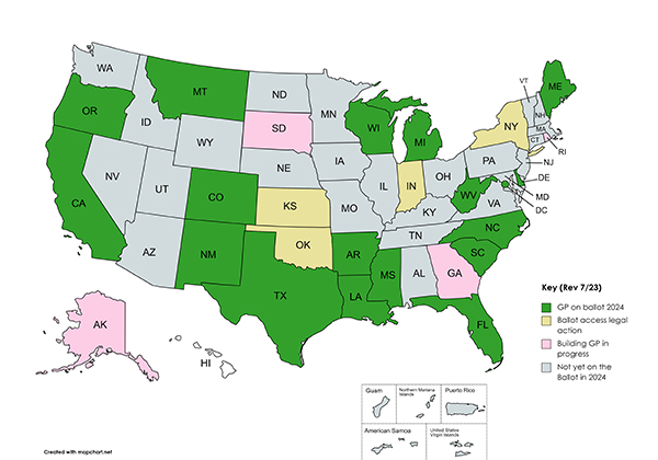 Map showing where Green Party is on the ballot