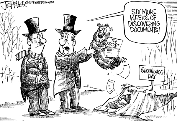 Cartoon about Groundhog Day and secret documents; the caption is '6 more weeks of discovering secret documents'