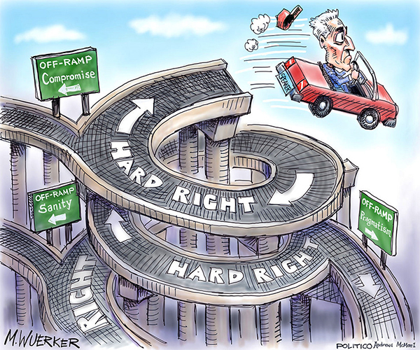 Cartoon of Kevin McCarthy driving off a ramp into space