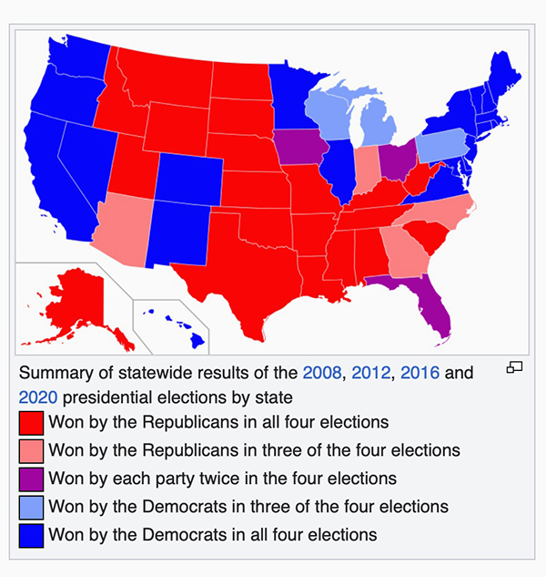 Map of red and blue states; the coasts outside
of the South are blue and so is the upper Midwest and the southwest outside of Texas. Other than that, mostly red.