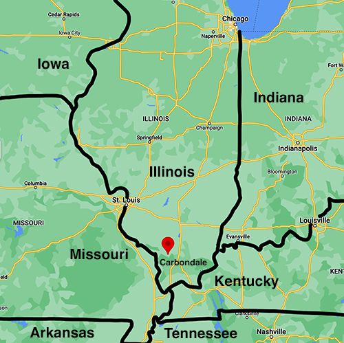 Map of area near Carbondale, IL; it's
right by the Missouri border and is just a bit north of the Kentucky border, and of Tennessee
