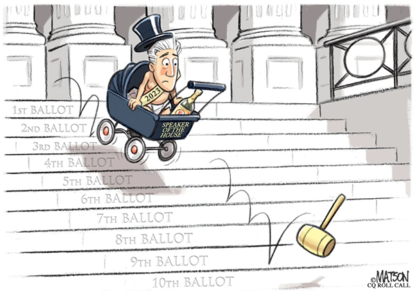 Matson cartoon of McCarthy in baby carriage going down the House stairs, each stair is labeled '1st ballot,' '2nd ballot,' etc.