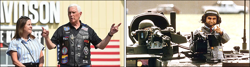Left: Mike Pence in a motorcycle jacket; Right: Mike Dukakis in a tank