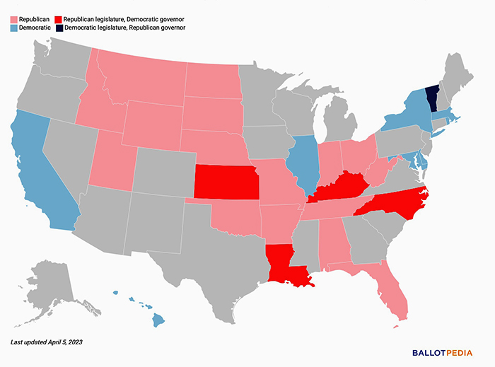 Map showing states with supermajorities in the legislature