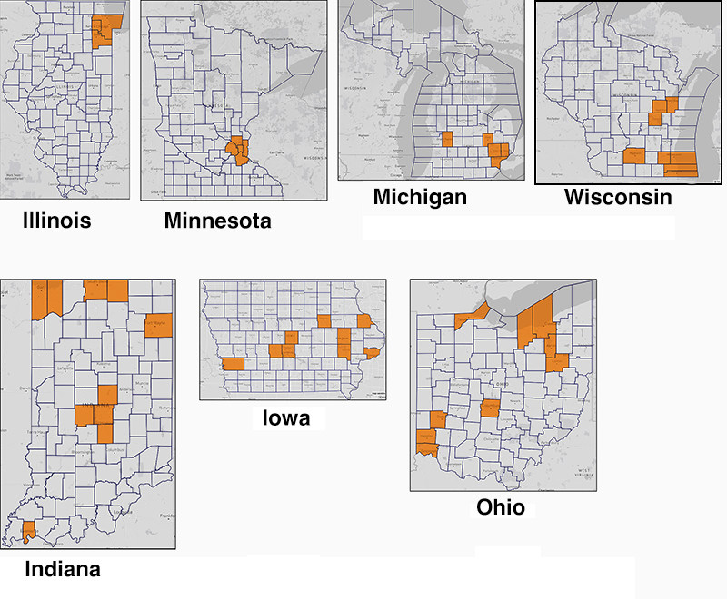 Top and bottom counties in seven Midwestern states