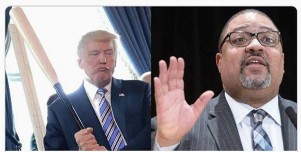 Photo of Trump with baseball bat next to a photo
of Alvin Bragg, which makes it look like Trump is planning to hit Bragg