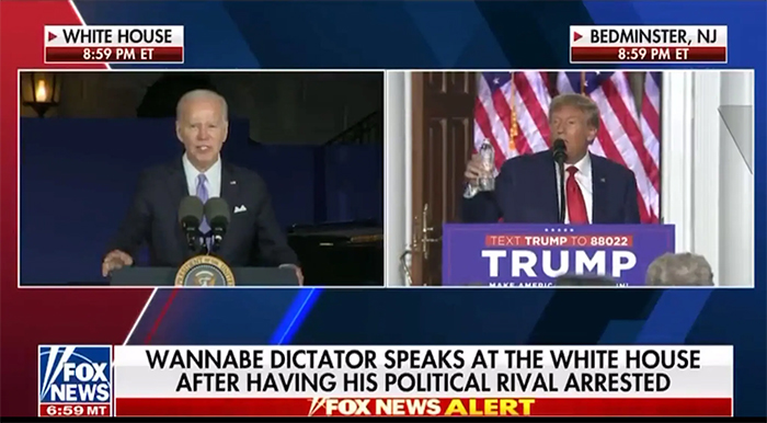 Screen shot of Fox News with chyron
reading: 'WANNABE DICTATOR SPEAKS AT THE WHITE HOUSE AFTER HAVING HIS POLITICAL RIVAL ARRESTED'
