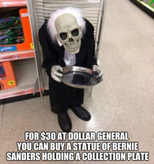 FOR $30 AT DOLLAR GENERAL YOU CAN BUY A STATUE OF BERNIE SANDERS HOLDING A COLLECTION PLATE