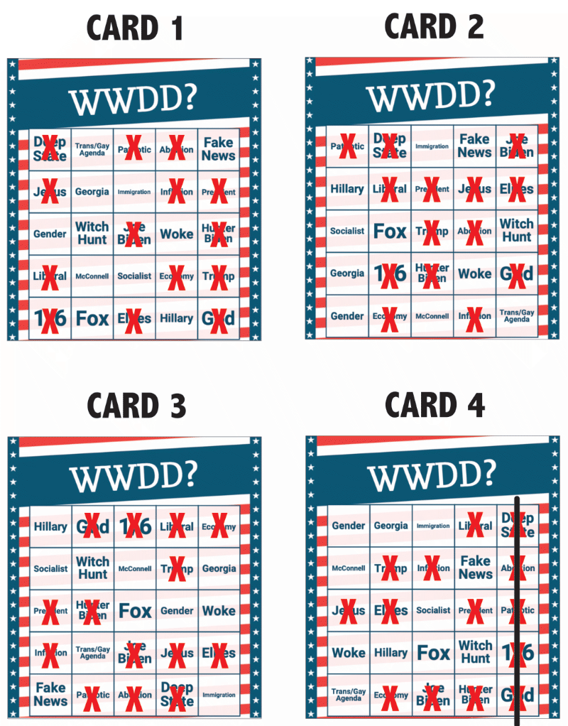 There are 14 X's on all four cards,
and each is close to winning