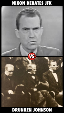 A screen capture of Richard Nixon looking gaunt; a photograph of Andrew Johnson and Abraham Lincoln at the 1865 inaugural