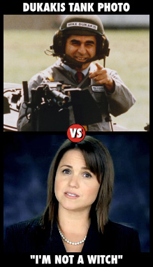 Dukakis in a tank with a too-large helmet; a screen cap from the O'Donnell 'I'm not a witch' commercial