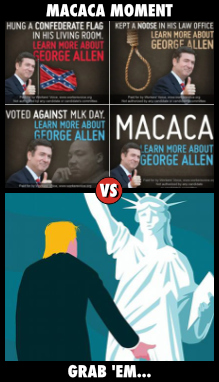 A bunch of title cards showing the racist things Allen said and did; A cartoon of Trump grabbing the Statue of Liberty