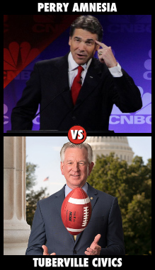 Perry looking confused at a debate; Tuberville tossing a football