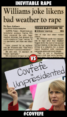 A news story about Allen's comments; a protester holds a sign that sayd 'Covfefe is unpresidented'