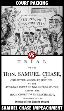 A political cartoon 
that shows FDR trying to pack the court while Uncle Sam looks on in shock and the cover page of the Senate's report on the impeachment
of Samuel Chase