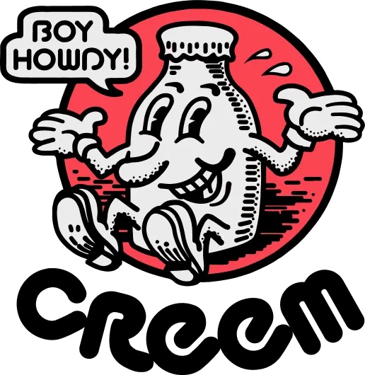 An anthropomorphic milk bottle 
says 'Boy Howdy,' and below him is the Creem logo.