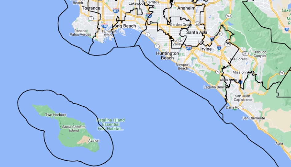 California House districts in Southern
California; the maritime boundaries of CA-47 include some unusual extensions that keep the lines from being clean.
