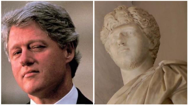 Bill Clinton and a marble bust that looks just like him