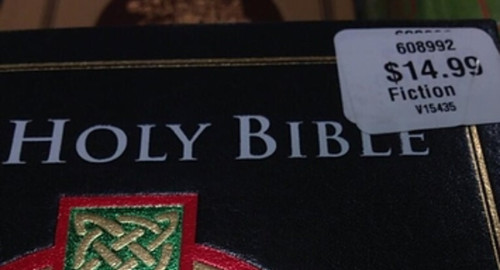 The price tag on the Bible says $14.95/Fiction