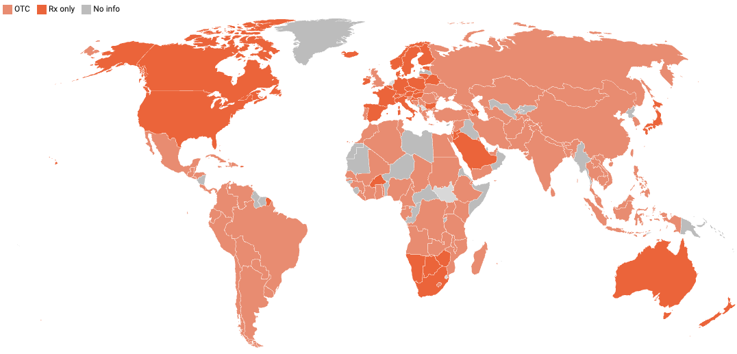 Mexico, most of Africa, nearly
all of South America, and nearly all of Asia are light orange, while the U.S./Canada/most of Europe/South Africa/Australia are dark orange.