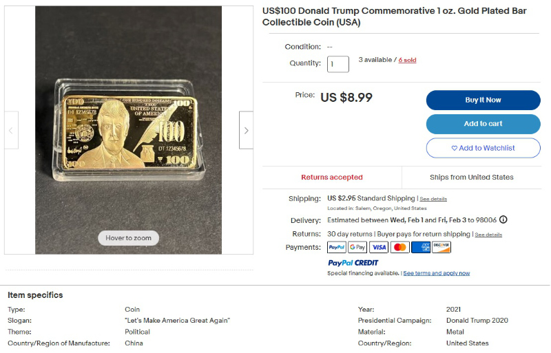 An eBay listing, it shows the Trump
gold bar with China as the country of manufacture
