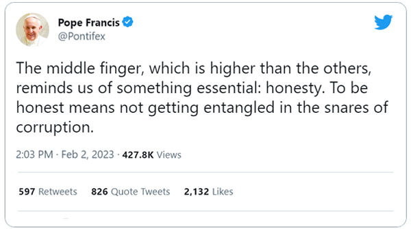 The middle finger, which is higher than the others, reminds us of something essential: honesty. To be honest means not getting entangled in the snares of corruption.