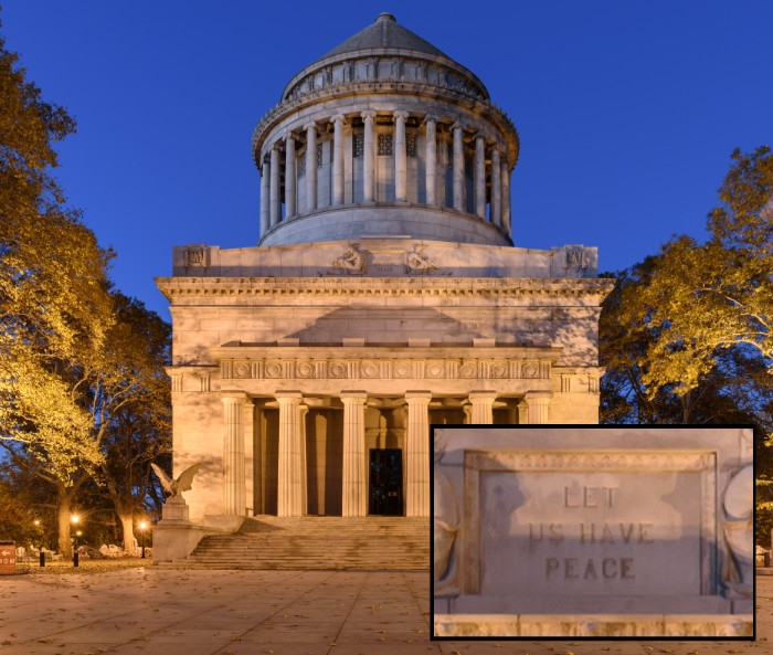 Grant's Tomb, with cutout that
has 'Let Us Have Peace' carving zoomed in.