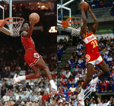 Michael Jordan and Dominique Wilkins dunking