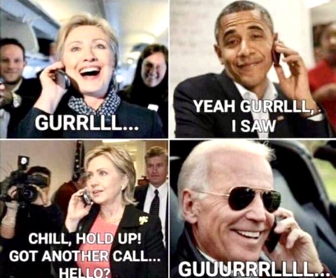 It shows Hillary Clinton, Joe Biden and 
Barack Obama talking to each other on the phone, gleefully celebrating Trump's indictment