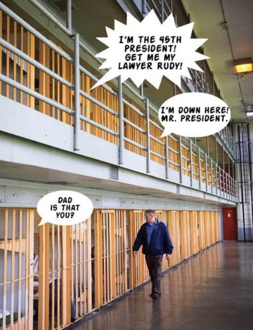 A picture of a prison, 
with speech bubbles that say 'I need my lawyer, Rudy Giuliani,' 'I'm down here, Mr. President,' and 'Is that you,
dad?' The implication is that Trumps Sr. and Jr. and Giuliani have all been imprisoned