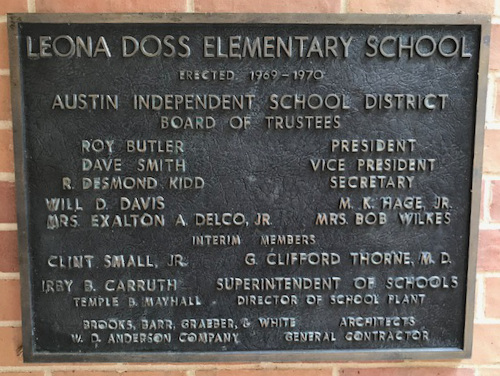 Listed on the dedication
are 'Mrs. Bob Wilkes' and 'Mrs. Exalton A. Delco, Jr.'