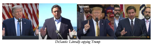 Picture of Trump with his hands outstretched,
picture of DeSantis with his hands outstretched, picture of Trump holding up one finger, picture of DeSantis holding up one finger