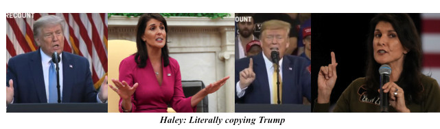 Picture of Trump with his hands outstretched,
picture of Haley with her hands outstretched, picture of Trump holding up one finger, picture of Haley holding up one finger