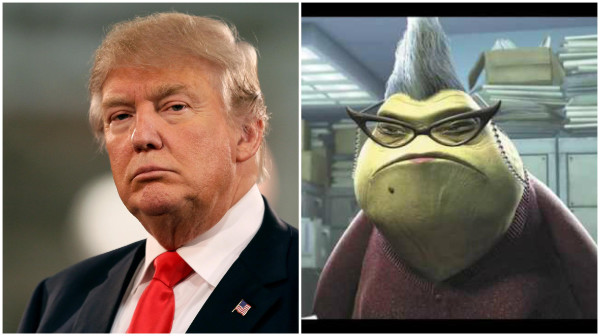 Trump and Roz, who has a pinched face and 1950s style women's glasses