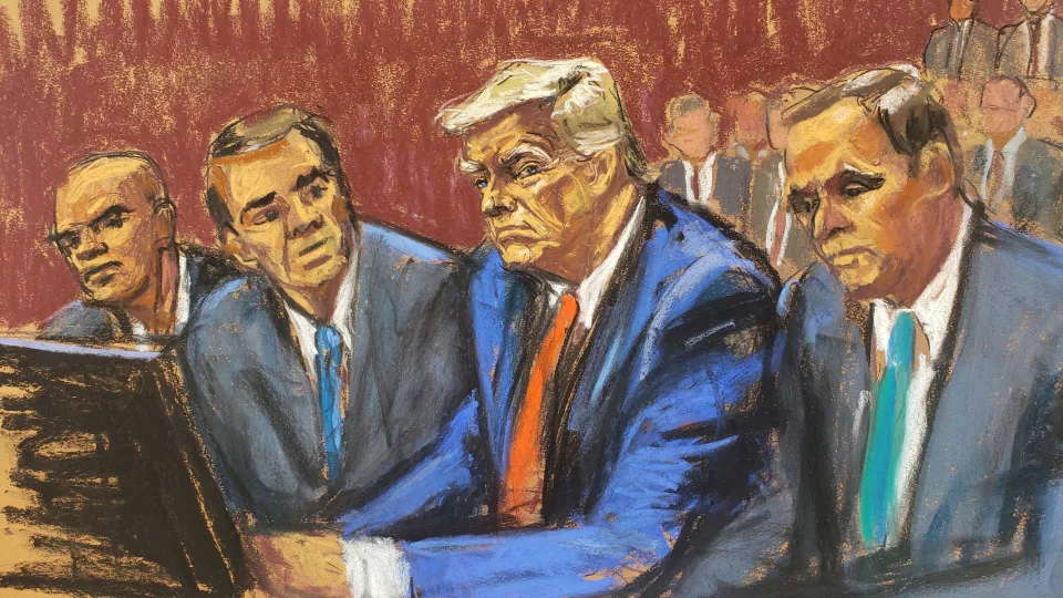 Trump and three of his attorneys,
sketched in brown and yellow and orange shades of charcoal.